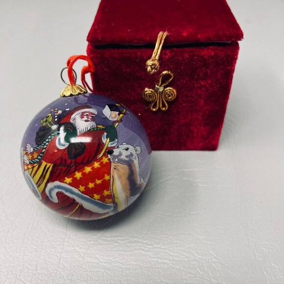 Li Bien Santa Polar Bear Glass Christmas Ornament Inside Painted w/ Velvet Box - Picture 1 of 6